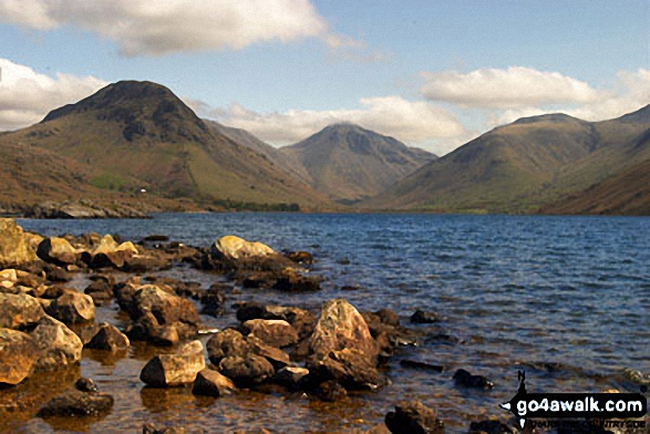 Walk c172 Scafell Pike via The Corridor Route from Wasdale Head, Wast Water - Kirk Fell (left), Great Gable (centre) and Lingmell from across Wast Water