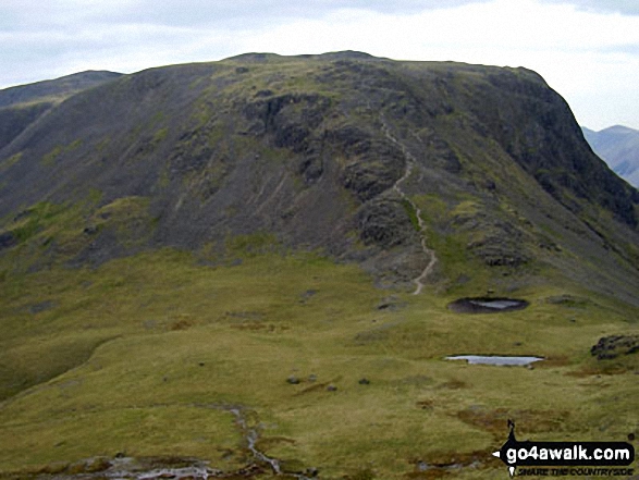 Walk c241 Great Gable and Honister Pass from Seatoller (Borrowdale) - Beck Head and Beckhead Tarn with Kirk Fell beyond from below Westmorland Cairn, Great Gable