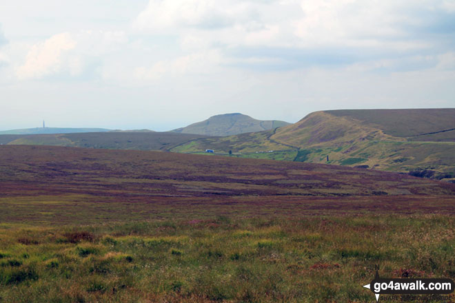 Croker Hill (mast far left), Shutlingsloe (centre right) and Whetstone Edge (right) from Axe Edge (Axe Edge Moor)