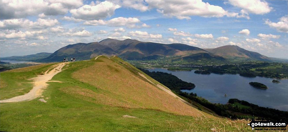 Walk c291 Cat Bells and High Spy from Hawes End - Bassenthwaite Lake (far left), Skiddaw (left), Blencathra (or Saddleback) (right), Keswick and Derwent Water from Cat Bells (Catbells)