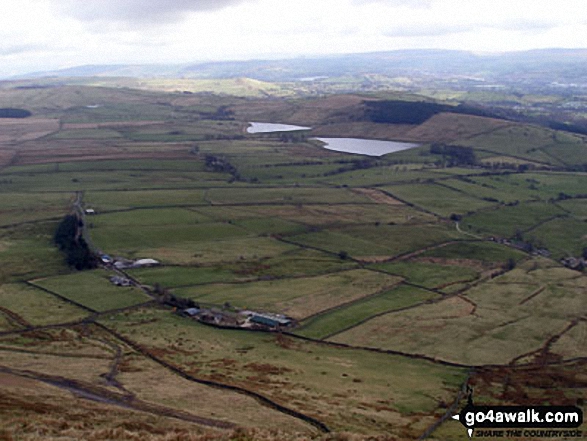 Walk l100 Pendle Hill from Barley - The Black Moss Reservoirs (Upper and Lower) and Pendle House from the top Pendle Hill (Beacon or Big End)