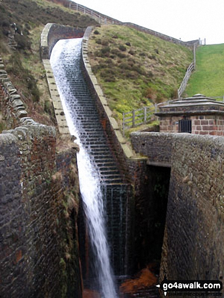 Walk l100 Pendle Hill from Barley - Water cascading down the overflow channel from Upper Ogden Reservoir