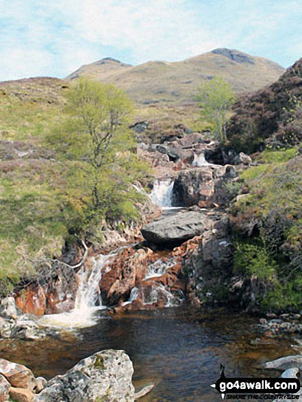 Allt Riobain waterfalls with Sgiath Chuil (left) and Sgiath Chrom on the horizon