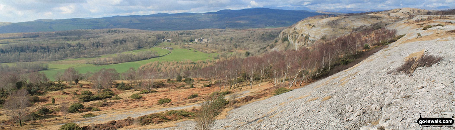 Walk c444 Lord's Seat (Whitbarrow Scar) from Mill Side - Witherslack Hall School, Whitbarrow Scar and Lord's Seat (Whitbarrow Scar) (in distance, far right)