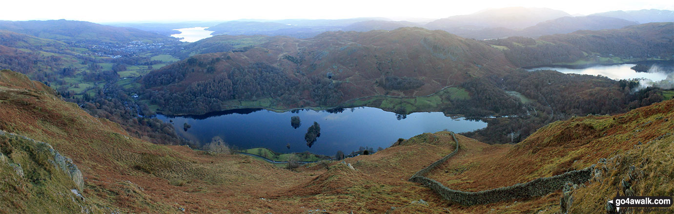 Walk c230 The Scandale Beck Horizon from Ambleside - Rydal Water (centre) with Lake Windermere (top left) and Grasmere (right) from Nab Scar on The Fairfield Horeshoe