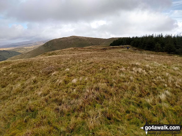 The grassy summit of Mynydd Ceiswyn with Waun-oer in the background