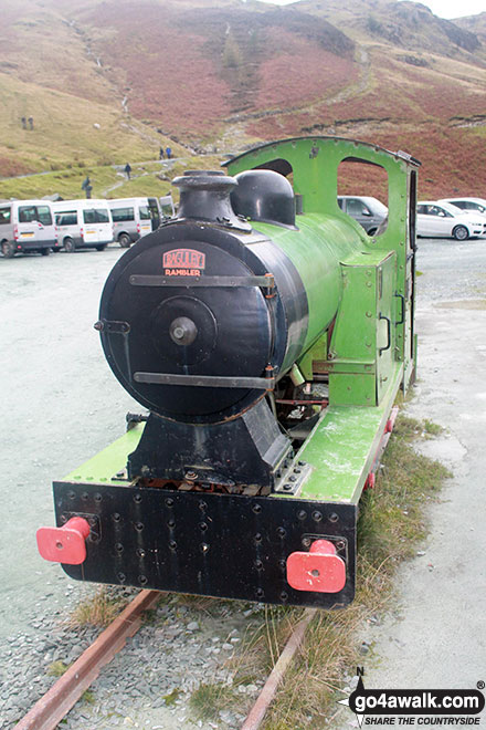 Walk c338 Great Gable and Kirk Fell from Honister Hause - Former mine train locomotive outside the slate mine shop at Honister Hause