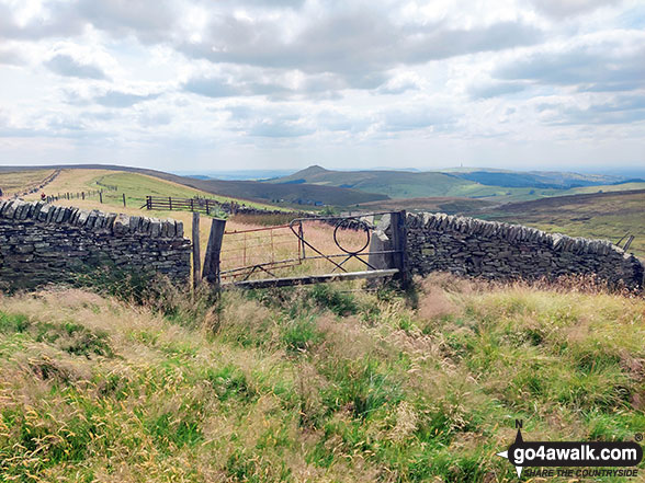 Walk d221 Shining Tor and Windgather Rocks from Errwood Reservoir, The Goyt Valley - Unusual gate on Shining Tor with Shutlingsloe on the horizon