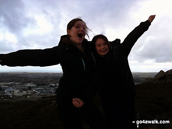 Jubilation from my daughters at completing the tough climb from Tregajorran to the top of Carn Brea