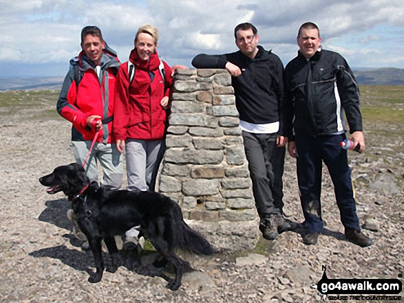 Walk ny333 The Yorkshire Three Peaks Challenge as a 3 day walk - Day 3 from Horton in Ribblesdale - Myself, Paul Baldry, Max the Dog, Jenny Baldry, Tom Evans and Martin Brown on top of Ingleborough.