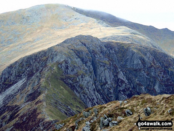 Bwlch Eryl Farchog with Carnedd Llewelyn beyond from Pen yr Helgi Du