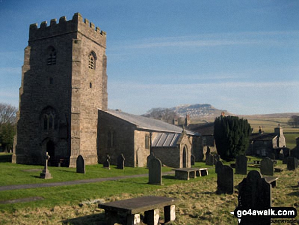 Walk ny101 The Yorkshire Three Peaks from Horton in Ribblesdale - Horton in Ribblesdale church with Pen-y-ghent in the distance