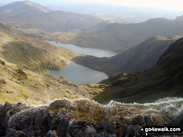 Walk gw105 Snowdon via The Watkin Path from Nantgwynant - The view from Mount Snowdon with a touch of hoar frost on the grass making them into white ribbons