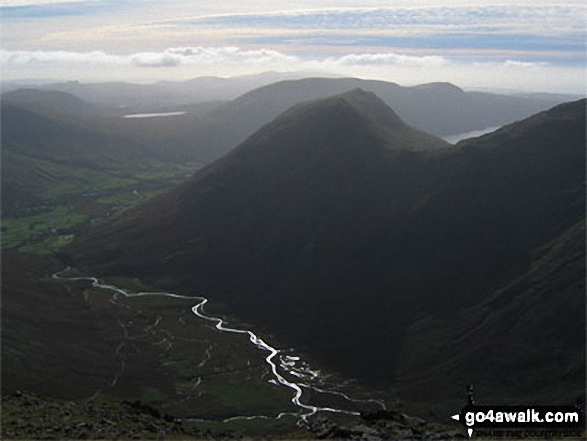 Walk c160 Pillar from Gatesgarth, Buttermere - Wasdale Head (left), Burnmoor Tarn, Yewbarrow (front centre), Illgill Head (back) and Wast Water from Pillar