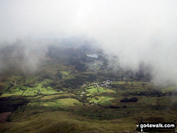 Beddgelert from the summit of Moel Hebog during a brief break in the mist