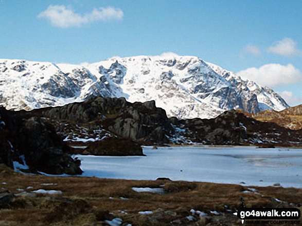 Walk c456 Fleetwith Pike, Hay Stacks, Brandreth and Grey Knotts from Honister Hause - Snow on Scafell Pike from a frozen Innominate Tarn