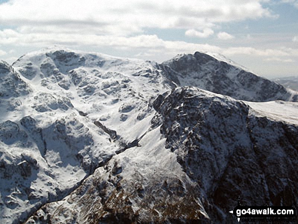 Snow on Scafell Pike (left), Sca Fell (right top) and Lingmell (right centre) from Westmorland Cairn on Great Gable