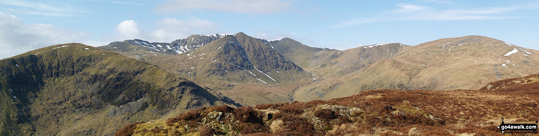 Birkhouse Moor (foreground left), Catstye Cam (foreground centre), White Side (centre right) and Raise (Helvellyn) (right) with Striding Edge, Helvellyn and Lower Man (Helvellyn) in the background from Sheffield Pike