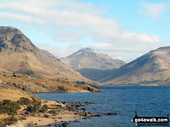 Walk c423 The Wast Water Round from Wasdale Head, Wast Water - Yewbarrow (left), Great Gable and Lingmell (right) from Wast Water