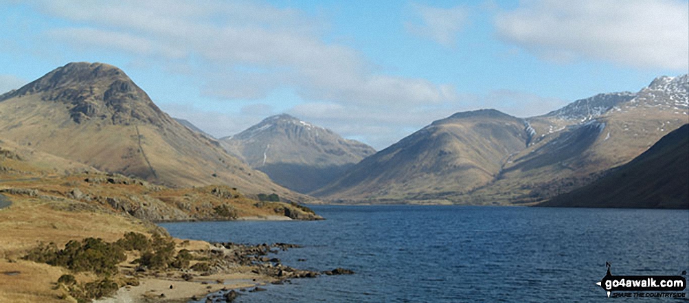 Walk c343 Pillar and Red Pike from Wasdale Head, Wast Water - Yewbarrow (left), Great Gable and Lingmell (right) and Scafell Pike (far right) from Wast Water