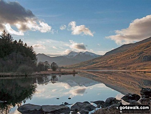 Snowdon Horseshoe reflected in Llynnau Mymbyr near Plas Y Brenin featuring Y Lliwedd (left) and Snowdon (Yr Wyddfa), Crib Goch and Garnedd Ugain (Crib y Ddysgl) (right)