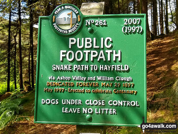 Walk d201 Seal Stones (Kinder Scout) and Seal Edge from Birchin Clough - Public Footpath sign by the River Ashop near Birchin Clough