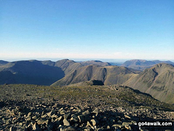 Walk c215 Scafell Pike from Seathwaite (Borrowdale) - Red Pike (Wasdale) and Little Scoat Fell (left), Mosedale, Pillar and Kirk Fell (centre) and Great Gable (right) from the summit of Scafell Pike