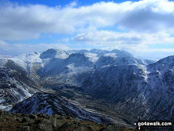 Green Gable, Great Gable (left of centre), Kirk Fell (centre) and Pillar (right) with the Scafell Massif beyond (centre) from High Crag