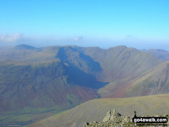 Walk c215 Scafell Pike from Seathwaite (Borrowdale) - The Mosedale Horseshoe - Yewbarrow (mid-distance left), Red Pike (Wasdale) and Little Scoat Fell beyond, Pillar (right of centre) and the shoulder of Kirk Fell (mid-distance right) from Scafell Pike