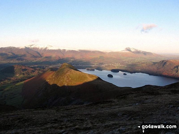 Cat Bells (Catbells) (foreground) with Skiddaw and Blencathra (distance left) and Derwent Water from Maiden Moor