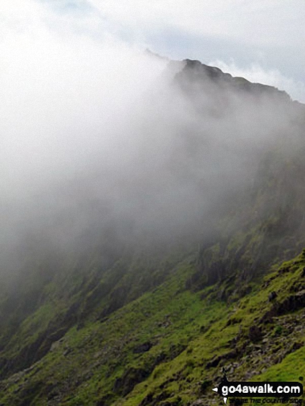 Walk gw107 Snowdon and Yr Aran from Rhyd-Ddu - The summit of Snowdon in the clouds from the top of the PYG Track