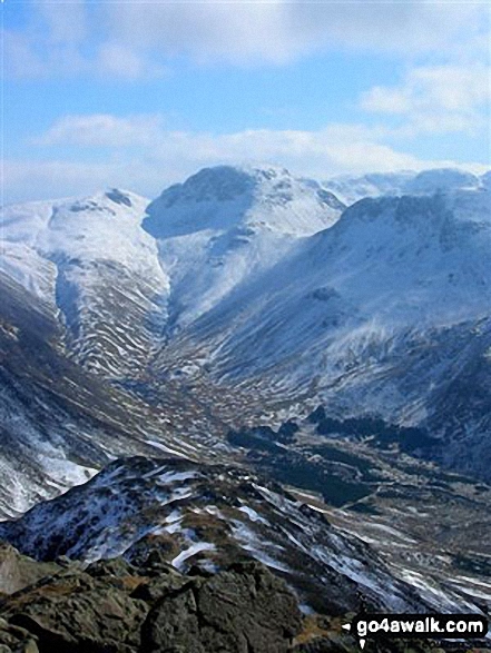 Walk c263 The High Stile Ridge from Buttermere - Green Gable left), Great Gable (centre) and Kirk Fell (right) with the Scafell Massif beyond (centre) from High Crag (Buttermere)