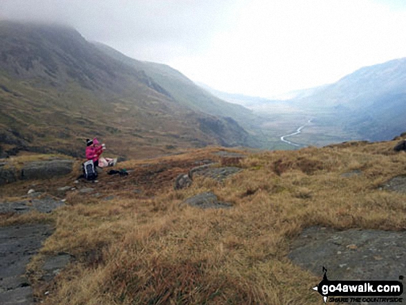 Walk gw219 Llyn y Cwn from Ogwen Cottage, Llyn Ogwen - Biscuits and hot chocolate near Llyn Idwal with the Nant Ffrancon valley in the distance