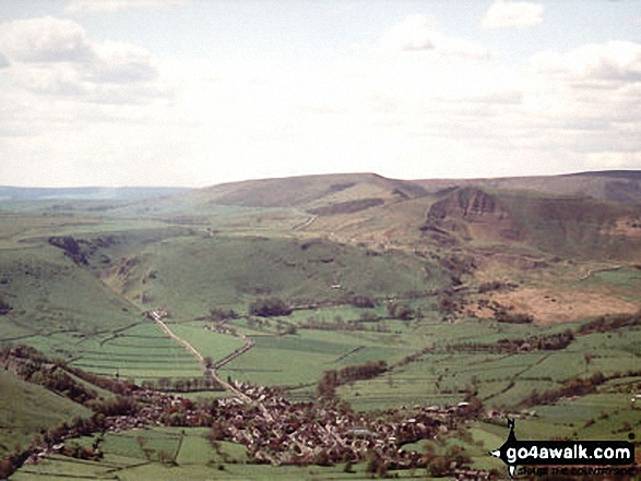 Aerial Shot of Castleton with Winnats Pass and Lord's Seat (Mam Tor) and Mam Tor