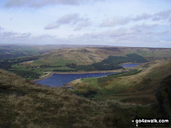 Walk gm150 Great Dove Stone Rocks Stable Stones Brow (Hoarstone Edge) from Dove Stone Reservoir, Greenfield - Dick Hill and Dovestones Reservoir from Hoarstone Edge