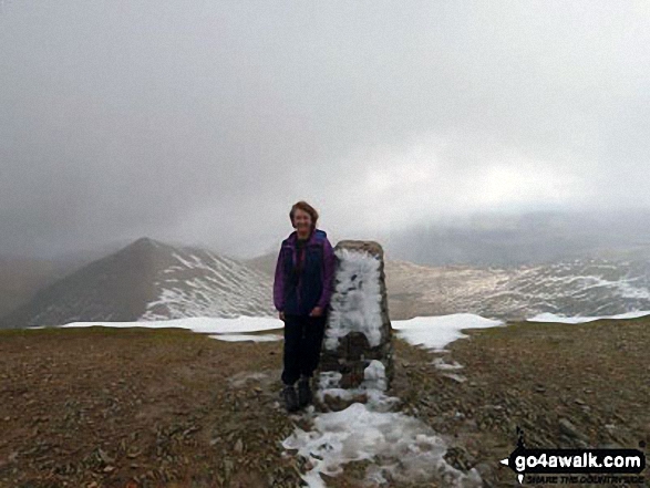 Walk c427 Helvellyn via Striding Edge from Patterdale - Sarah on top of Helvellyn