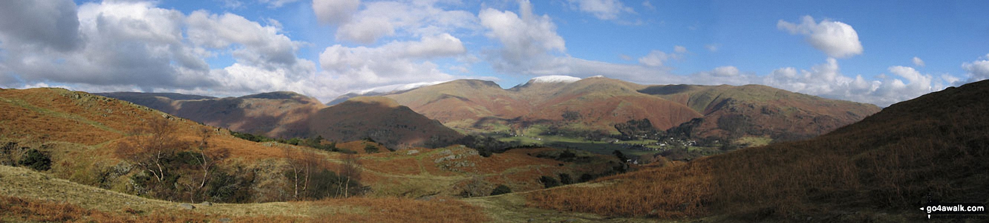 Lakeland panorama featuring a snow-topped Helvellyn (centre left) and Fairfield (centre right) from above Grasmere