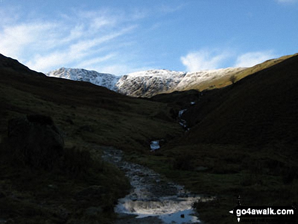 Walk c303 Swirl How and Wetherlam from Little Langdale - Great Carrs and Swirl How under a dusting of snow from Greenburn Beck