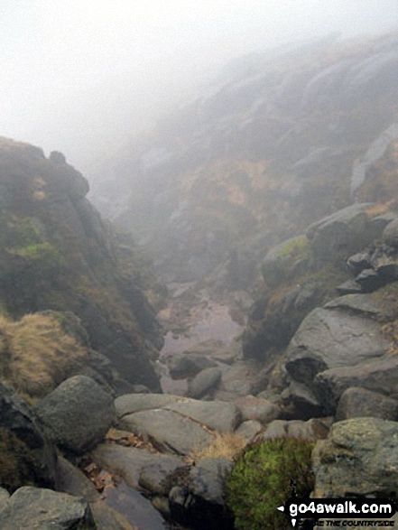 Walk d156 Kinder Low (Kinder Scout), Brown Knoll (Edale), South Head (Hayfield) and Mount Famine from Bowden Bridge, Hayfield - The top of Red Brook in mist