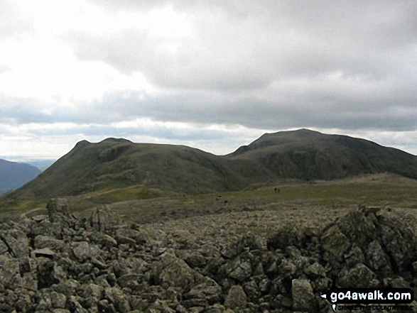 Walk c416 Scafell Pike from The Old Dungeon Ghyll, Great Langdale - Ill Crag (left) Broad Crag (centre) and Scafell Pike (right) from Great End (Scafell Massif)