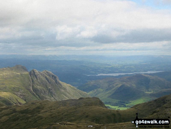 Walk c215 Scafell Pike from Seathwaite (Borrowdale) - The Langdale Pikes and Windermere from Great End (Scafell Massif)