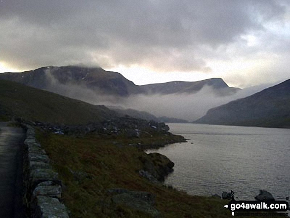 Walk gw115 Glyder Fach, Castell y Gwynt and Glyder Fawr from Ogwen Cottage, Llyn Ogwen - Early morning mist over Llyn Ogwen with Y Garn (Glyderau) and Foel-goch beyond