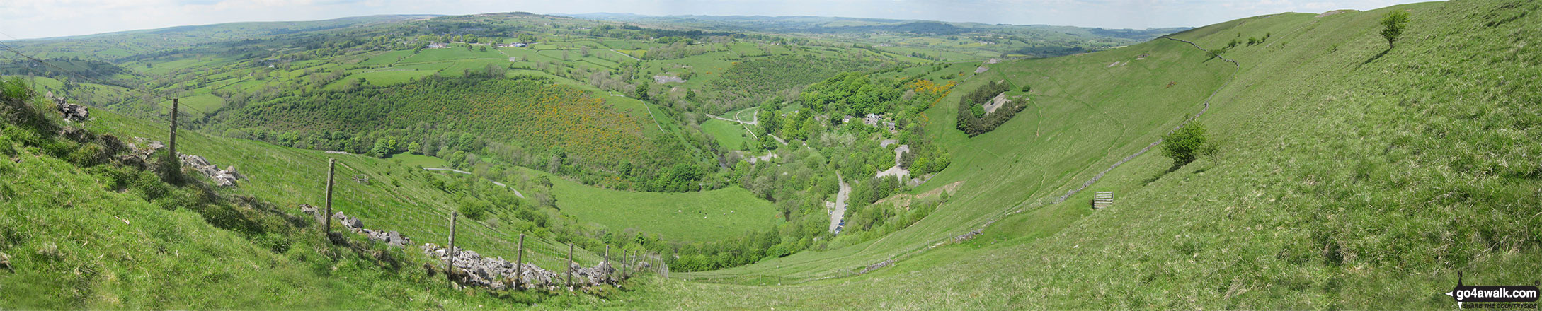 Walk s156 Wolfscote Dale, Ecton Hill, Wetton Hill, Wetton and Alstonefield from Milldale - Panoramic view of The Manifold Valley and the Manifold Way from Ecton Hill