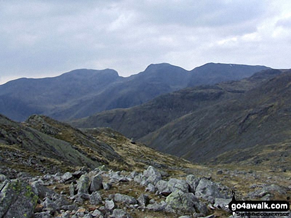 Sca Fell (centre left), Mickledore, Scafell Pike and Ill Crag from Three Tarns