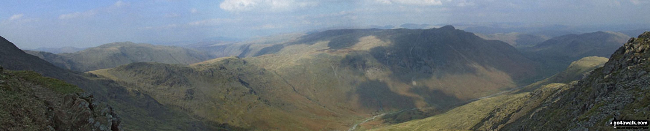 Rossett Crag, Black Crags, Mart Crag, Pike of Stickle, The Langdale Pikes, Mickleden and Great Langdale from The Climbers' Traverse below Bow Fell (Bowfell)