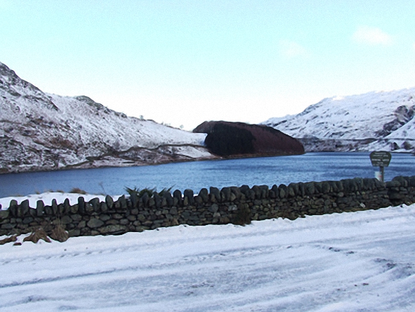 The Rigg and Haweswater Reservoir from Mardale Head car park in the snow