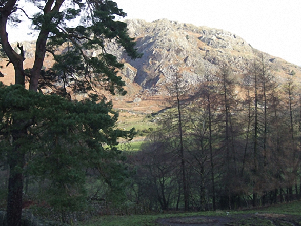 Walk c110 The Eskdale Skyline from Wha House Farm, Eskdale - Birker Fell (Eskdale) crags from Eskdale