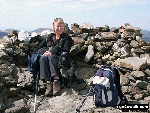 Walk c142 Robinson and Dale Head from Little Town - Lesley, Millie and Monty on Robinson summit in May 2012