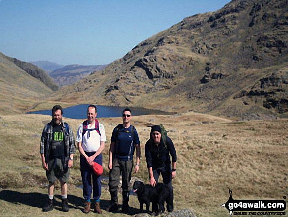 Walk c215 Scafell Pike from Seathwaite (Borrowdale) - Scafell re-visted. Me, my dog and my mates passing Styhead Tarn on the way up to Scafell Pike