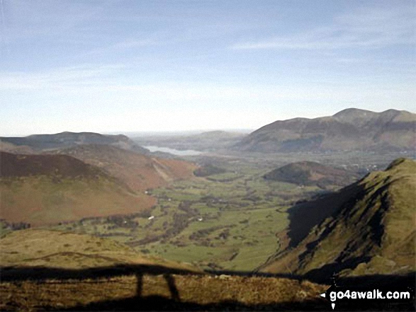 Walk c427 Helvellyn via Striding Edge from Patterdale - The Newlands Valley from High Spy with Bassenthwaite Lake in the distance and The Skiddaw Massif to the right